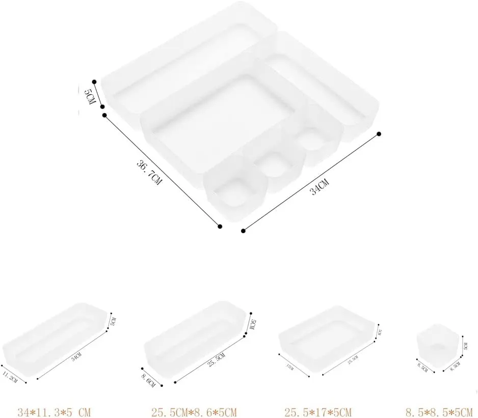 6 Pack Frosted Plastic Drawer Organizers, Multiple Sizes