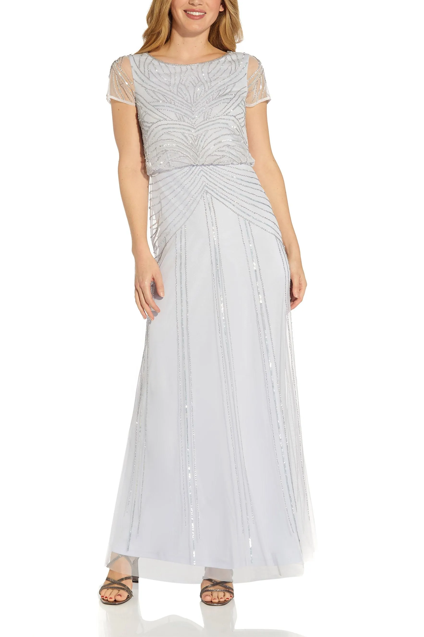 Adrianna Papell Round Neck Back Zipper Short Sleeves Long Gown