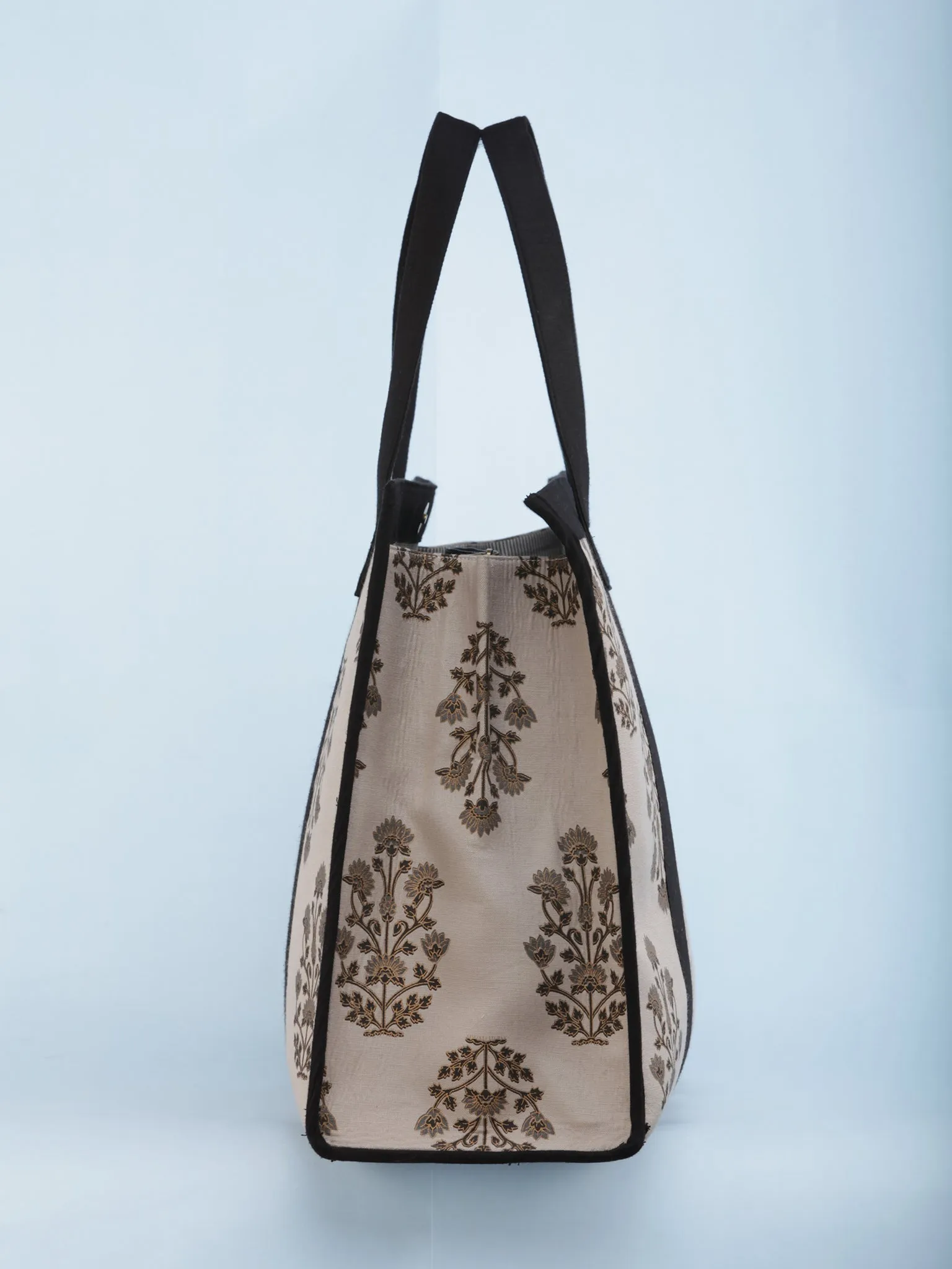 Beige Black Golden Block Printed Tote Bag - B1101