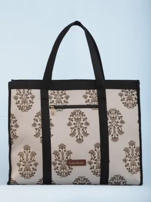 Beige Black Golden Block Printed Tote Bag - B1101