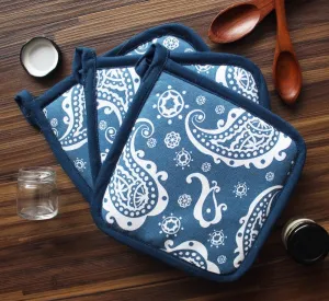 Cotton Blue Paislay Pot Holders Pack Of 3