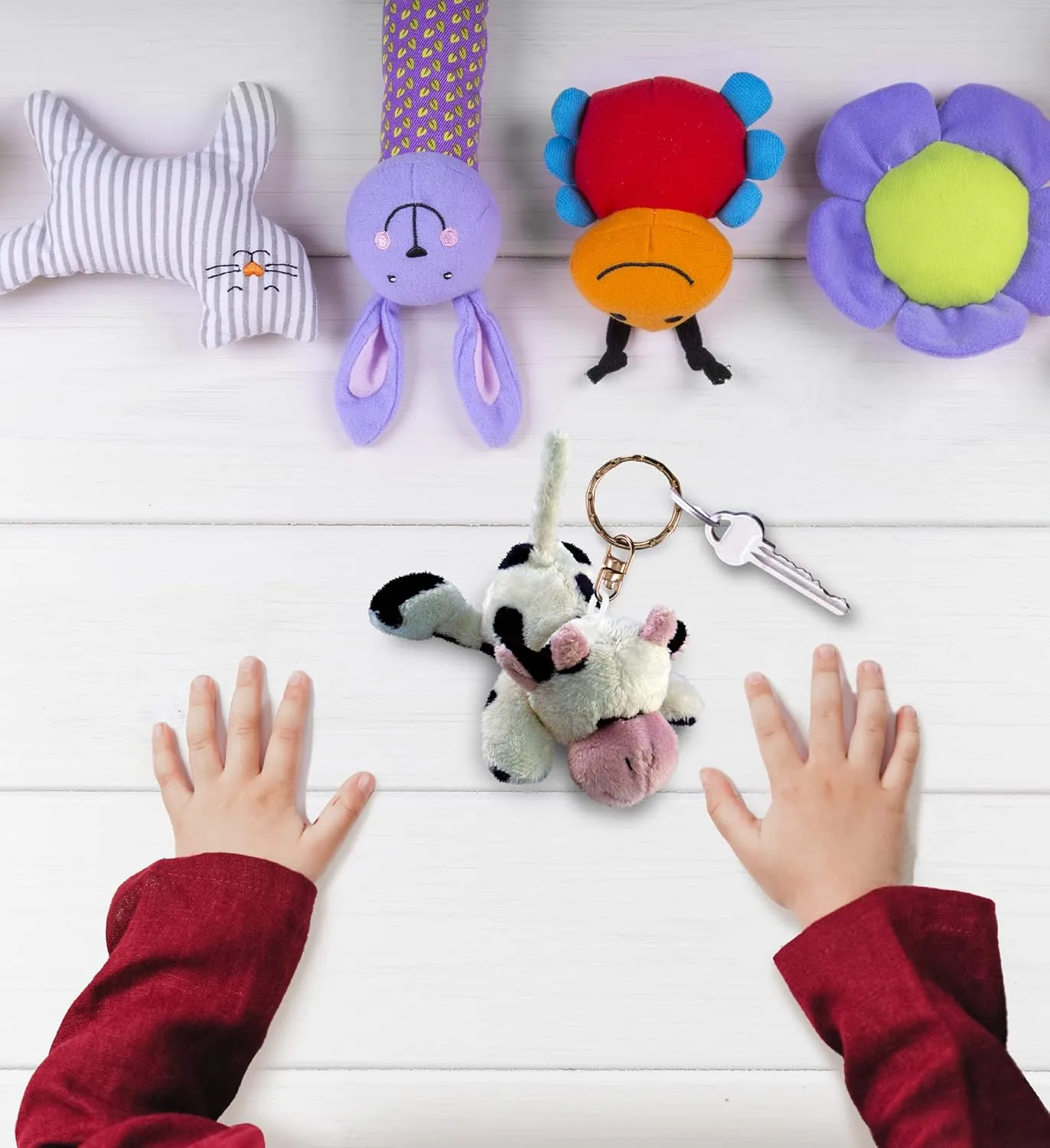 DolliBu Cow Stuffed Animal Keychain Plush - Soft Cow Plush Farm Animal Keychain, Cute Keychain Charm For Farm Animal Plush Lovers, Kids Keychains for Backpacks, Cow Toy Plush Metal Key Ring - 4 inches