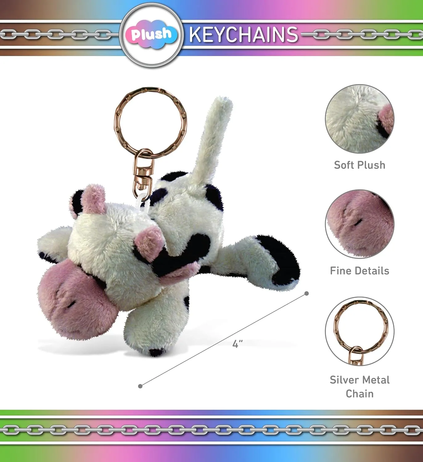 DolliBu Cow Stuffed Animal Keychain Plush - Soft Cow Plush Farm Animal Keychain, Cute Keychain Charm For Farm Animal Plush Lovers, Kids Keychains for Backpacks, Cow Toy Plush Metal Key Ring - 4 inches