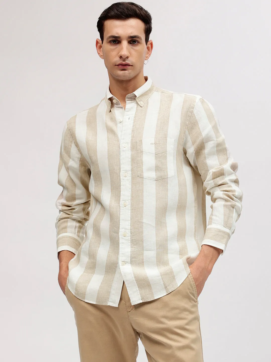 Gant Men Beige Striped Button-down Collar Full Sleeves Linen Shirt