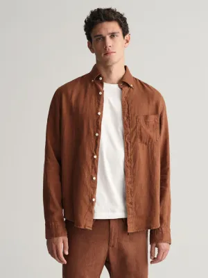 Gant Men Brown Solid Button-down Collar Long Sleeves Linen Shirt