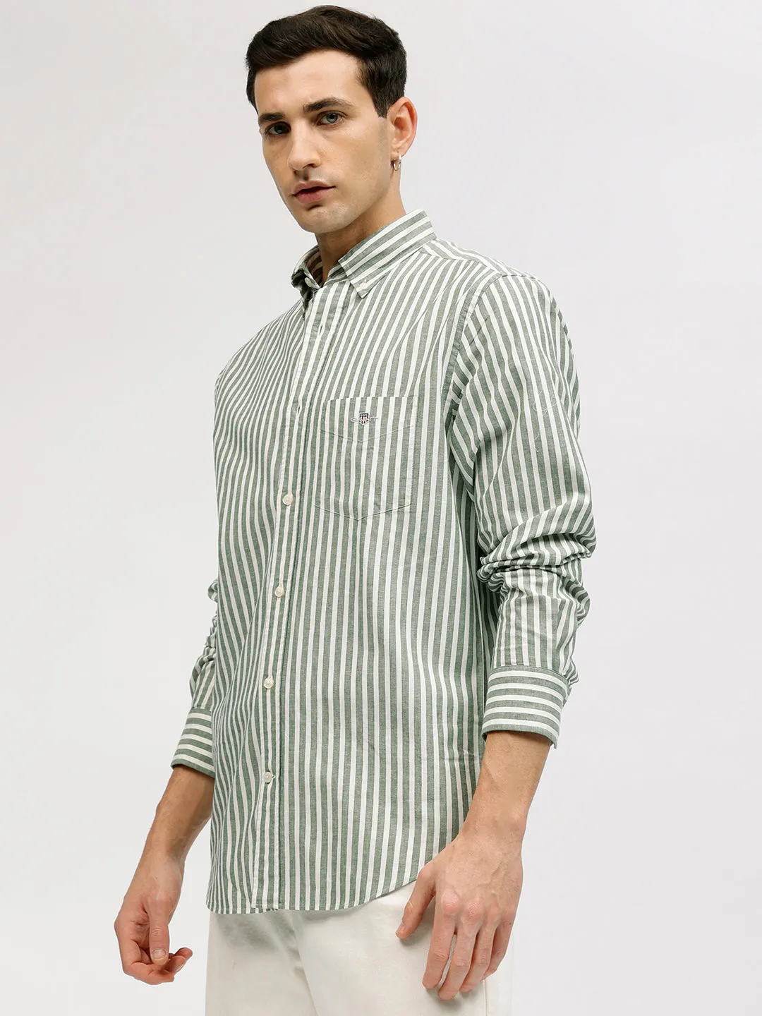 Gant Men Green Striped Button-down Collar Full Sleeves Linen Shirt