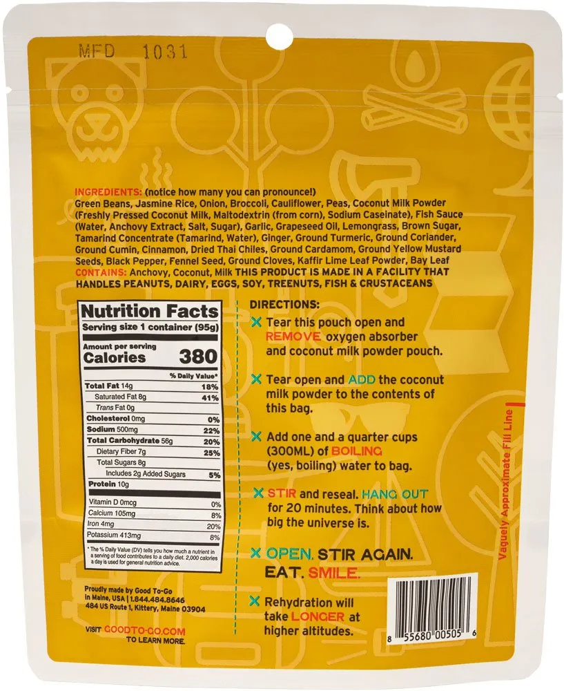 Good to-Go Dehydrated Thai Curry - Case of 12 Single Servings