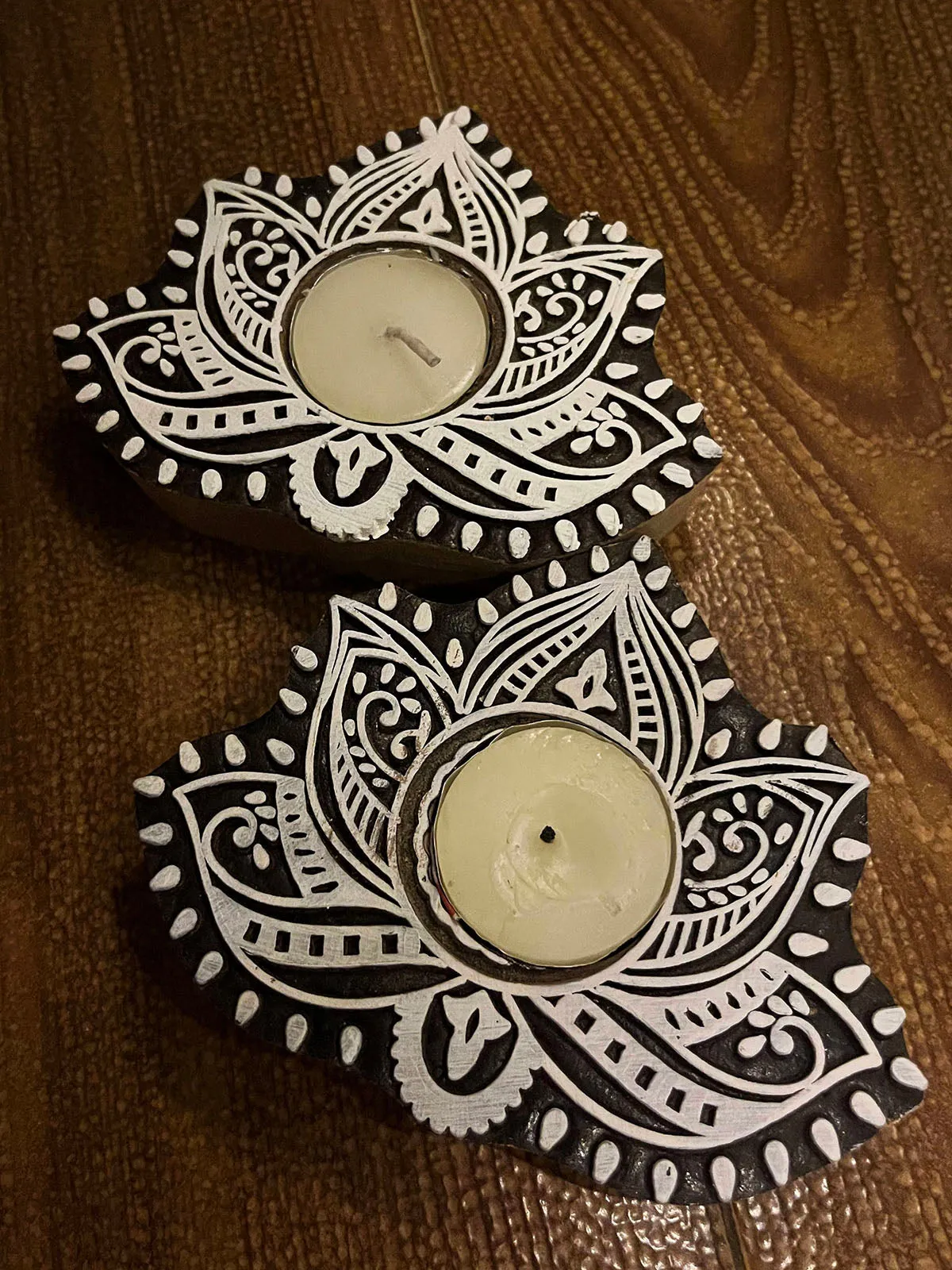 Handcrafted Wooden Tealight holders Lotus Design Set Of 2