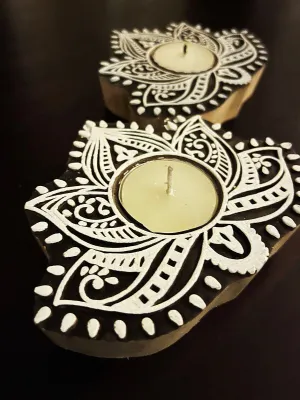 Handcrafted Wooden Tealight holders Lotus Design Set Of 2
