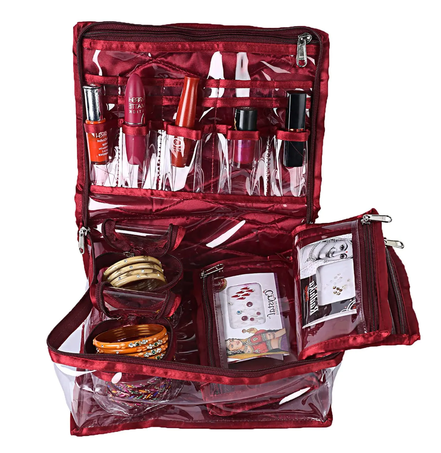 Kuber Industries Carry Print PVC Laminated Portable Jewellery Organizer With 4 Pouches & 2 Bangle Pouches For Home and Travel (Maroon)