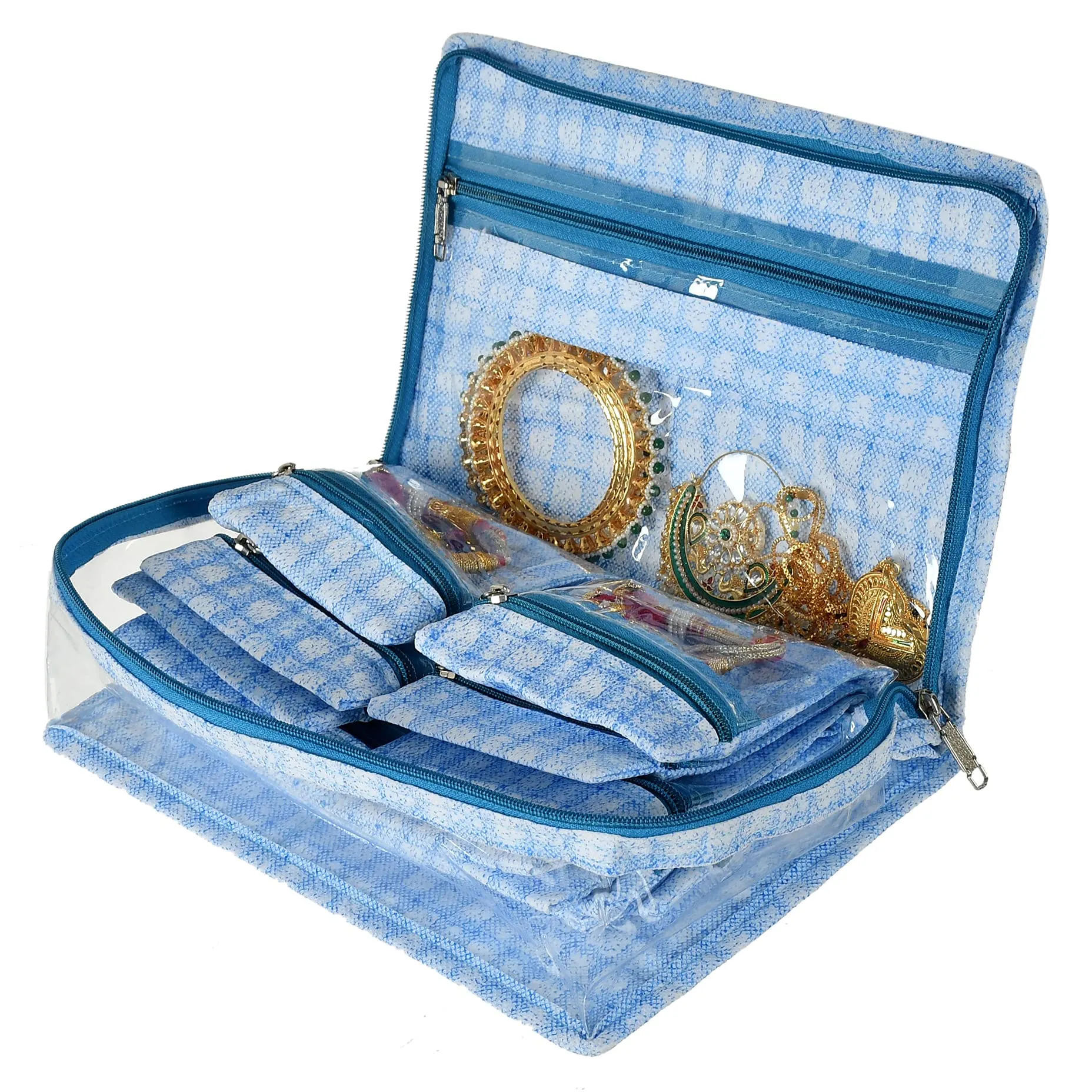 Kuber Industries Check Design Laminated PVC Travel Jewelry Organiser, Jewelry Storage Bags for Necklace, Earrings, Rings, Bracelet With 13 Transparent Pouches (Blue)-HS_38_KUBMART21257, Pack of 1