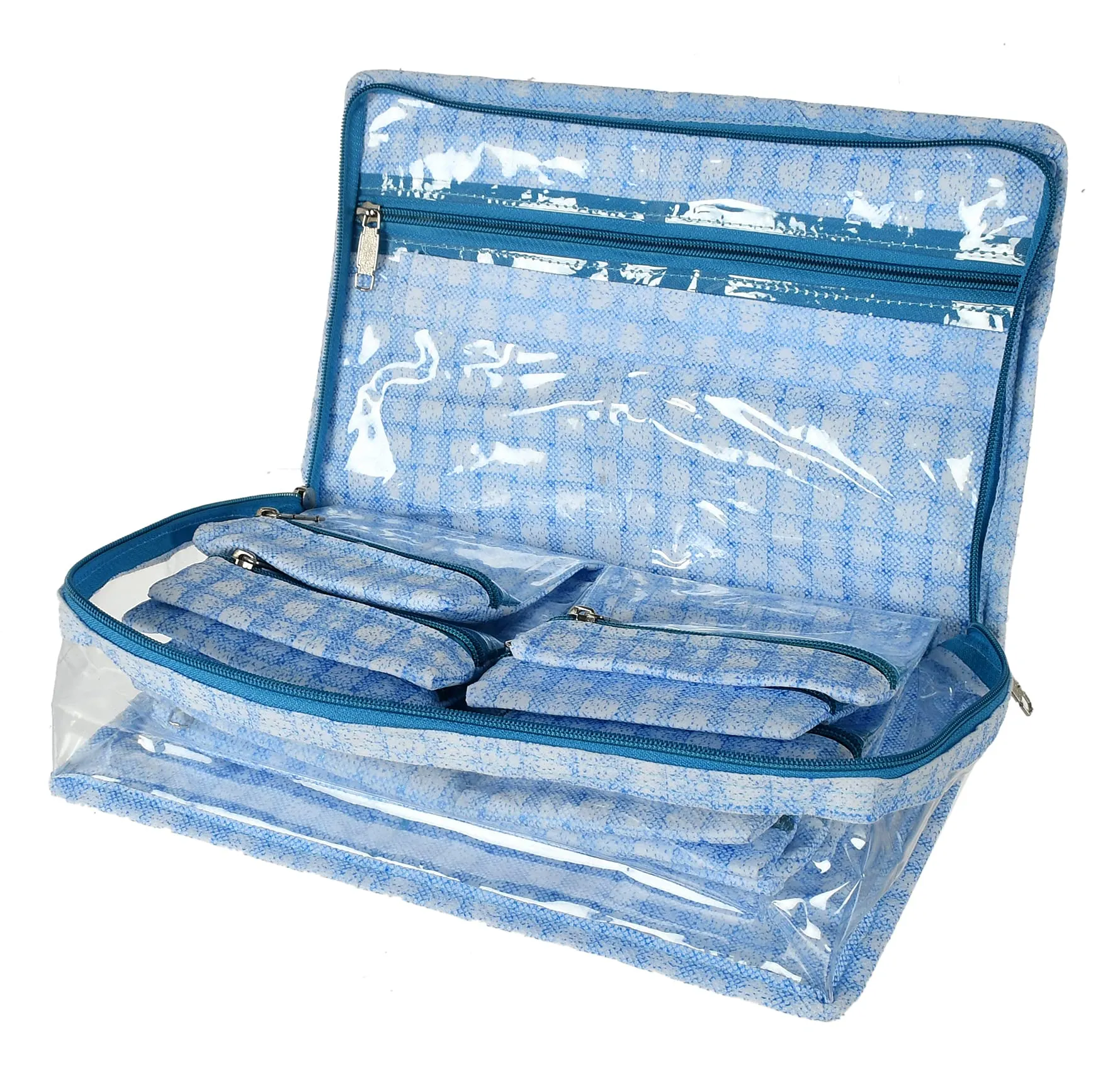 Kuber Industries Check Design Laminated PVC Travel Jewelry Organiser, Jewelry Storage Bags for Necklace, Earrings, Rings, Bracelet With 13 Transparent Pouches (Blue)-HS_38_KUBMART21257, Pack of 1