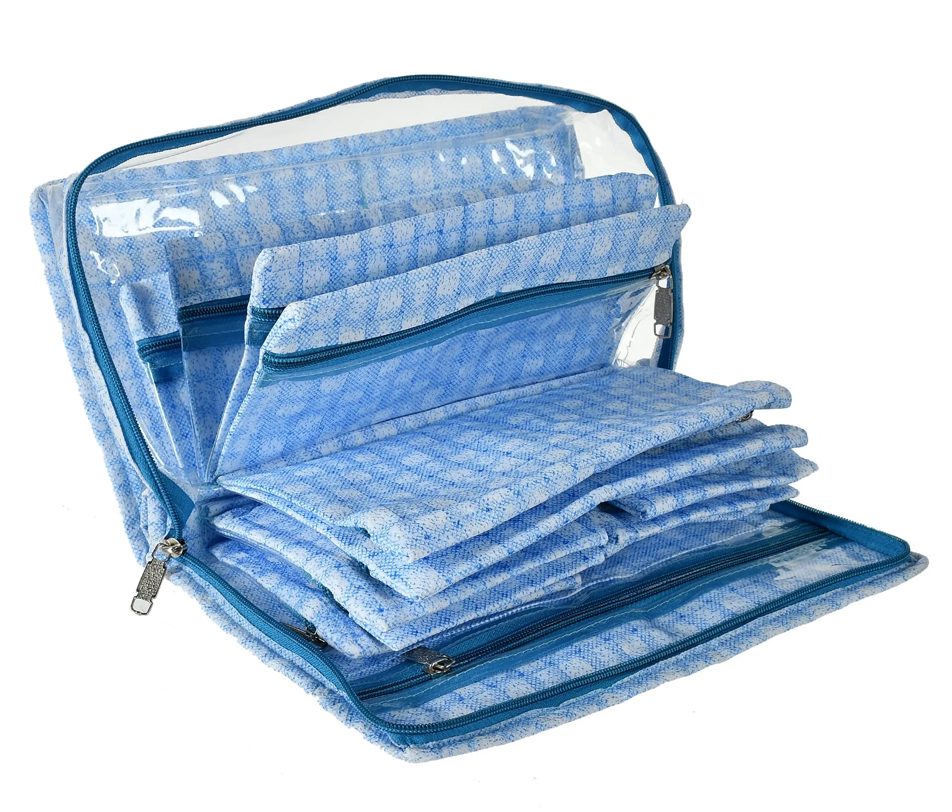 Kuber Industries Check Design Laminated PVC Travel Jewelry Organiser, Jewelry Storage Bags for Necklace, Earrings, Rings, Bracelet With 13 Transparent Pouches (Blue)-HS_38_KUBMART21257, Pack of 1