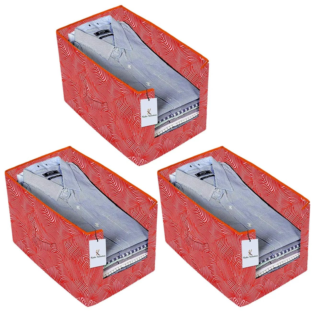 Kuber Industries Laheriya Printed 3 Piece Non Woven Shirt Stacker Wardrobe Organizer Set, (Orange) - CTKTC035110