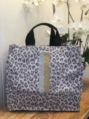 Luxe North South Bag: Grey Leopard with Silver and Gold Stripes