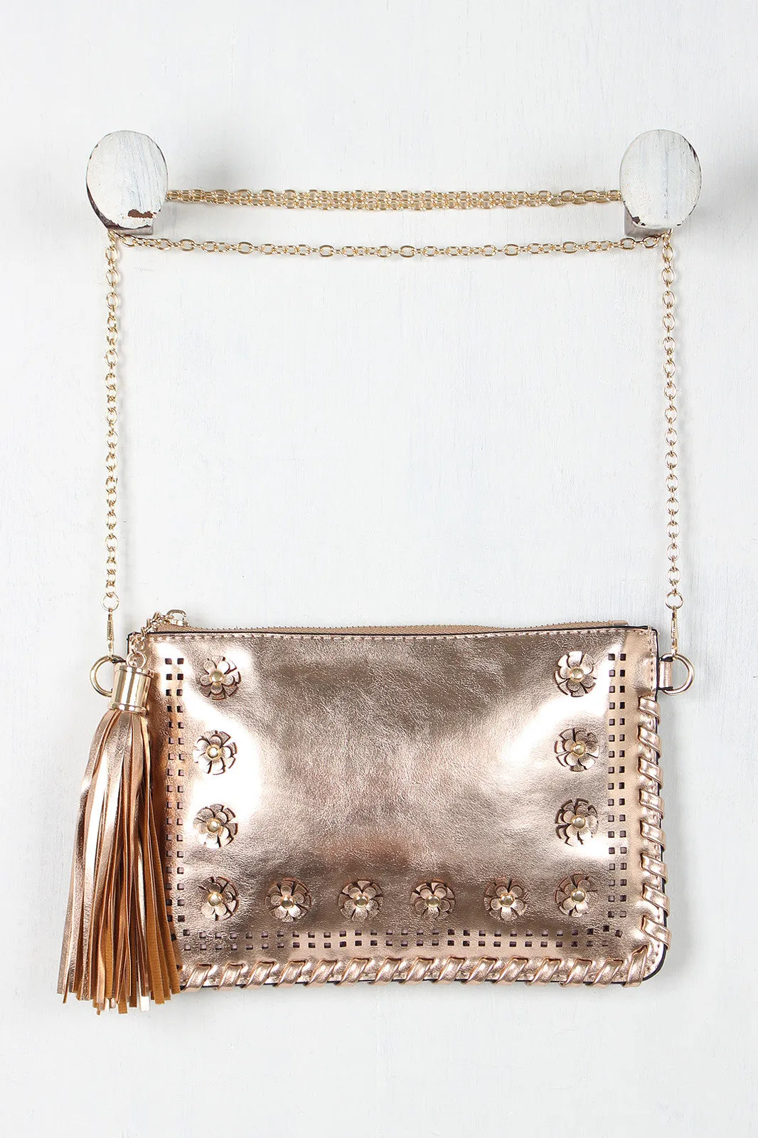 Metallic Floral Tassel Crossbody Bag