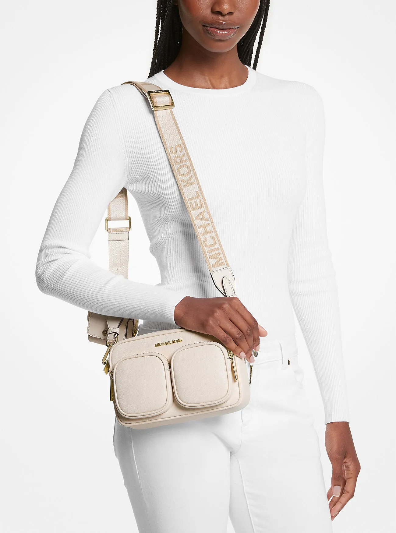 Michael Kors Jet Set Leather Crossbody Bag Medium with Case for Apple Airpods Pro beige