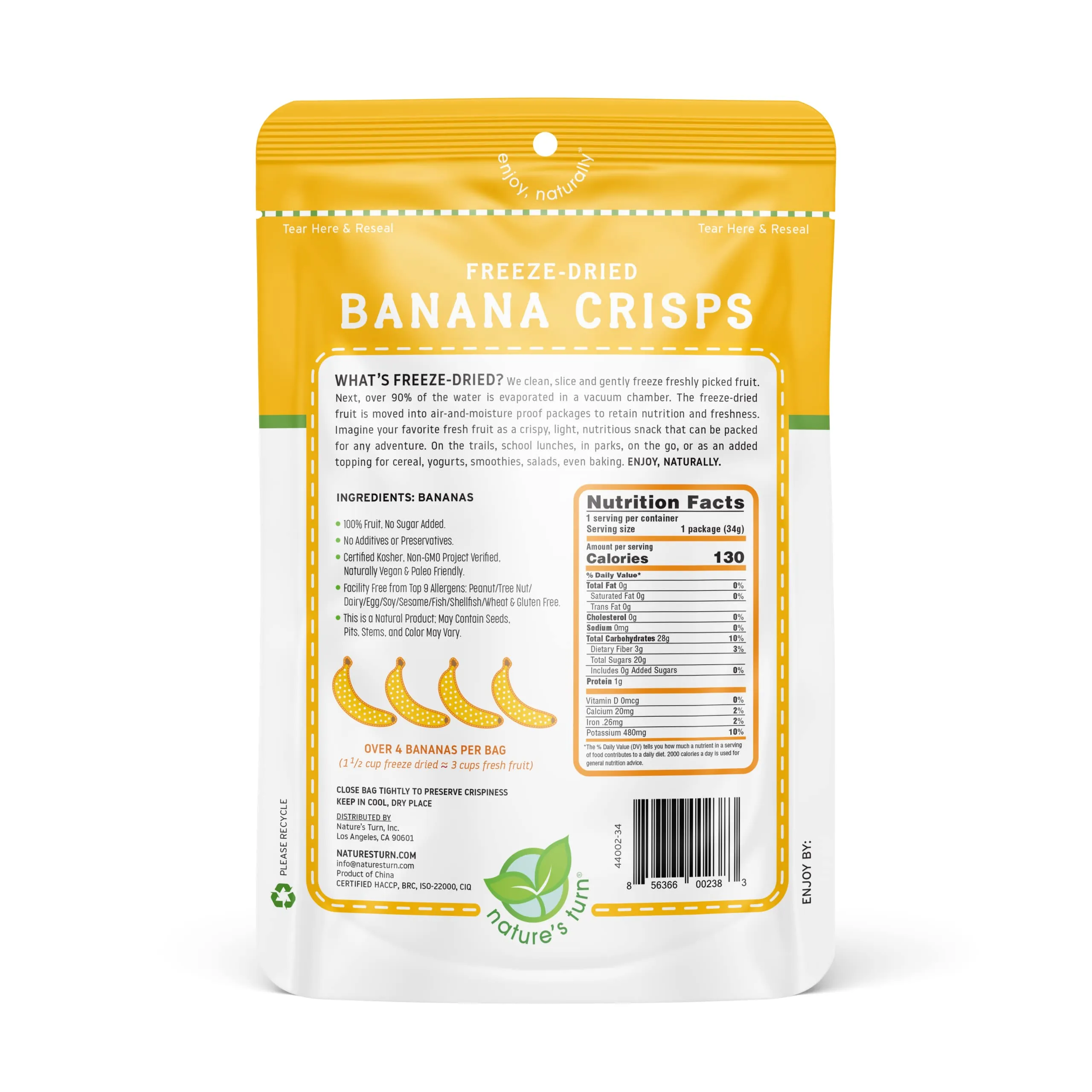 Nature’s Turn Freeze-Dried Fruit Snacks, Banana Crisps - Pack of 6 (1.2 oz Each)