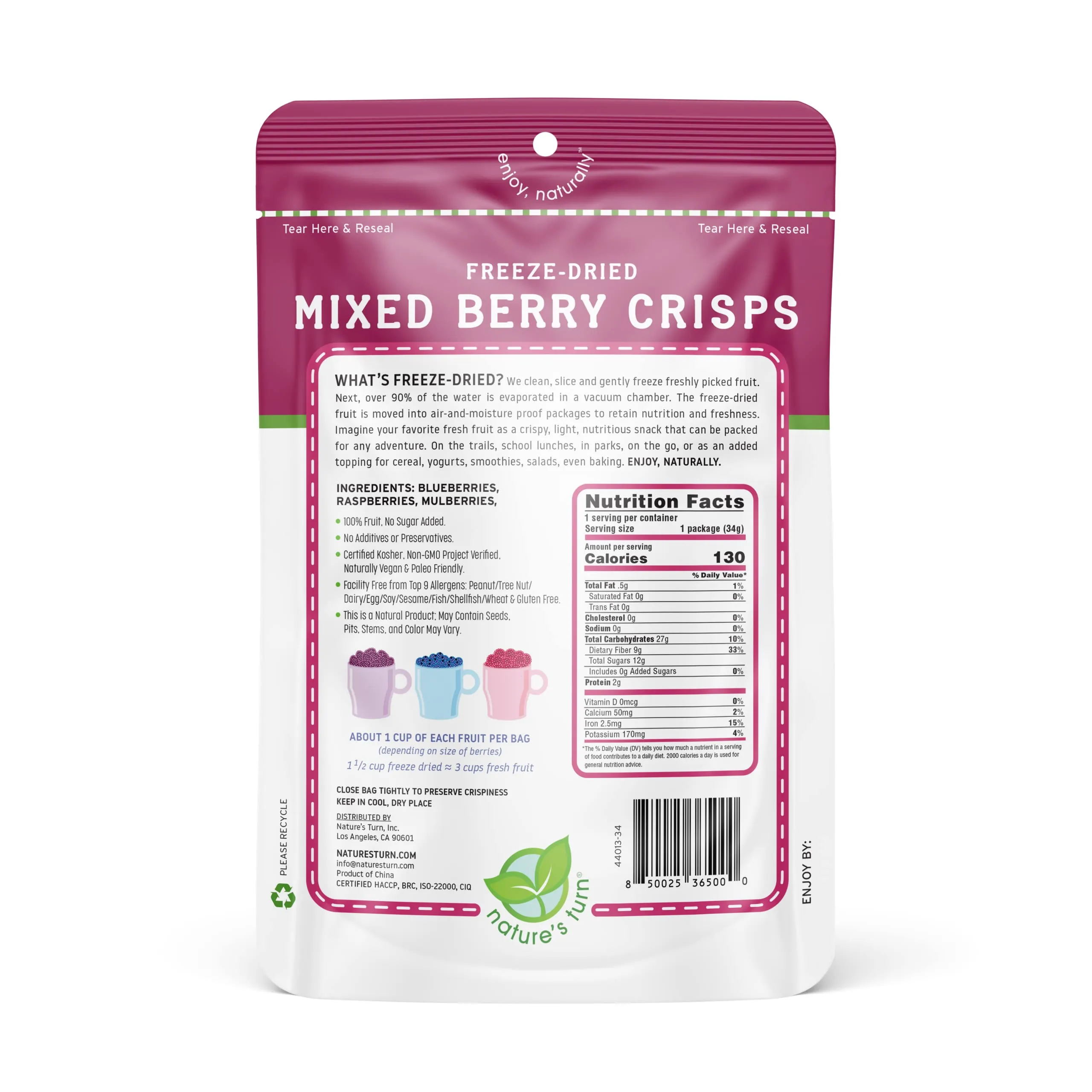 Nature’s Turn Freeze-Dried Fruit Snacks, Mixed Berry Crisps - Pack of 6 (1.2 oz Each)