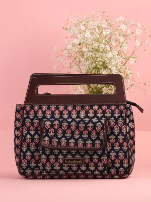 Navy Red Ajrakh Hand block Printed Baguette Bag with Vegan Leather Top Handles - B0909