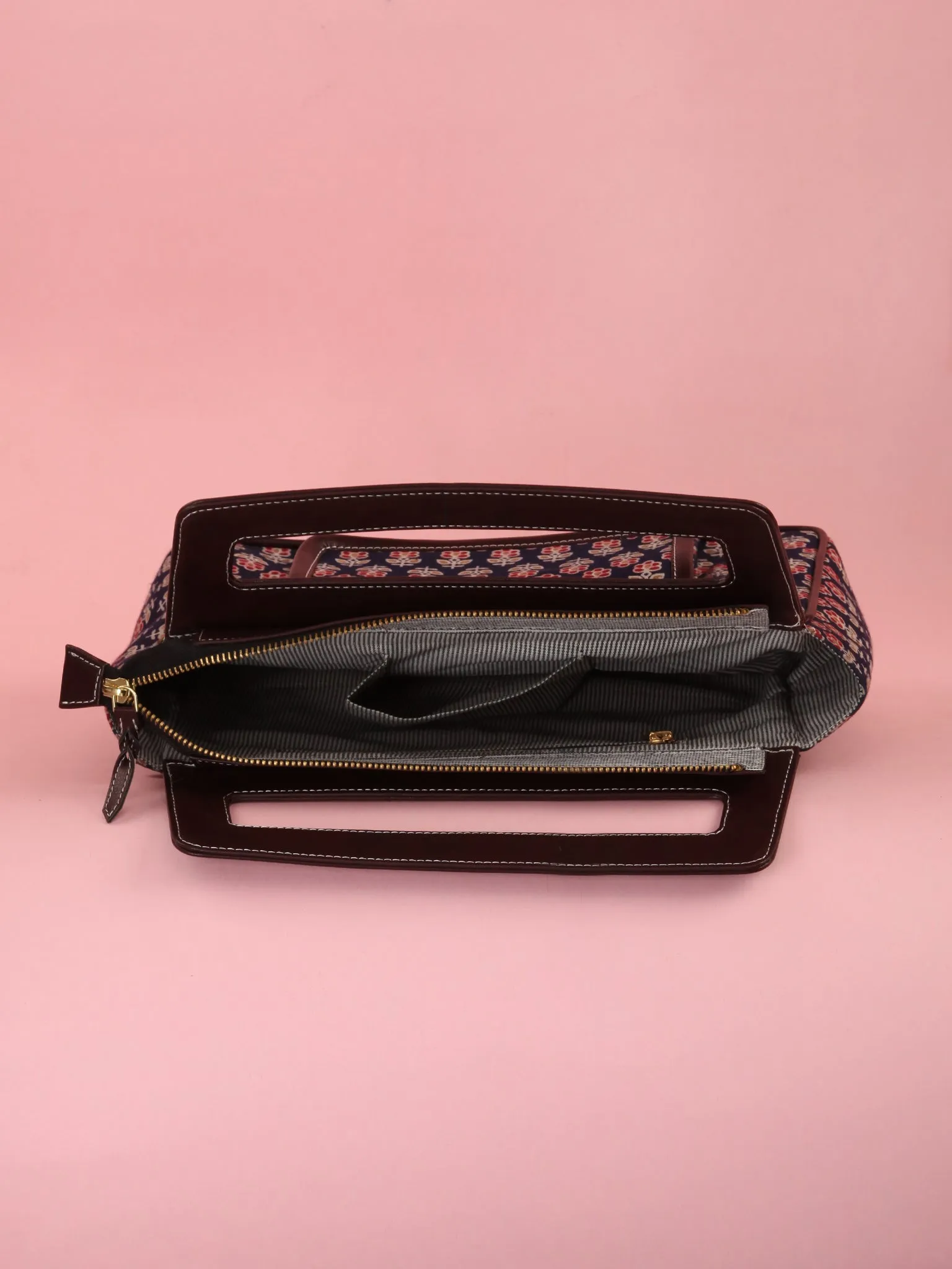 Navy Red Ajrakh Hand block Printed Baguette Bag with Vegan Leather Top Handles - B0909
