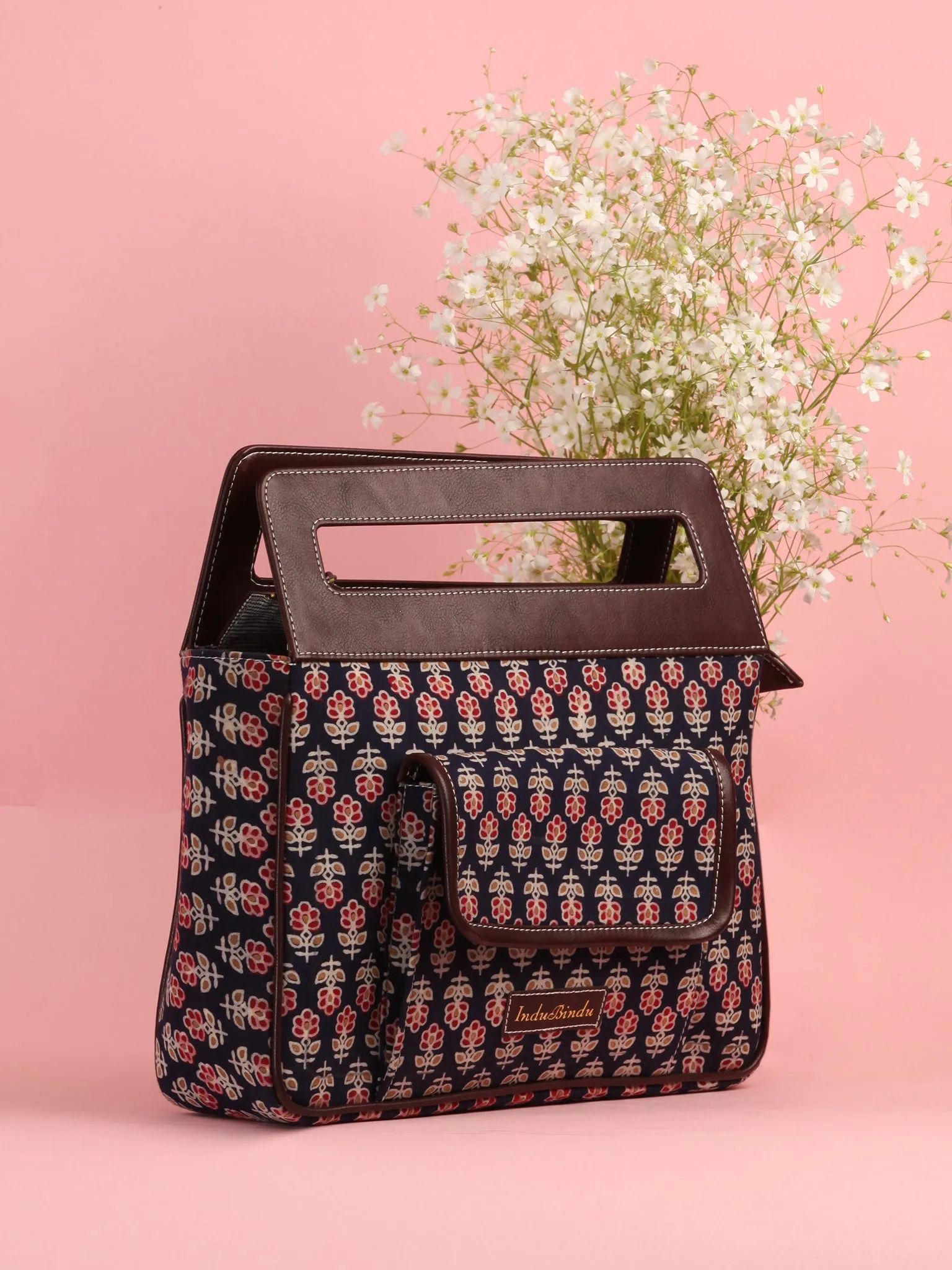 Navy Red Ajrakh Hand block Printed Baguette Bag with Vegan Leather Top Handles - B0909