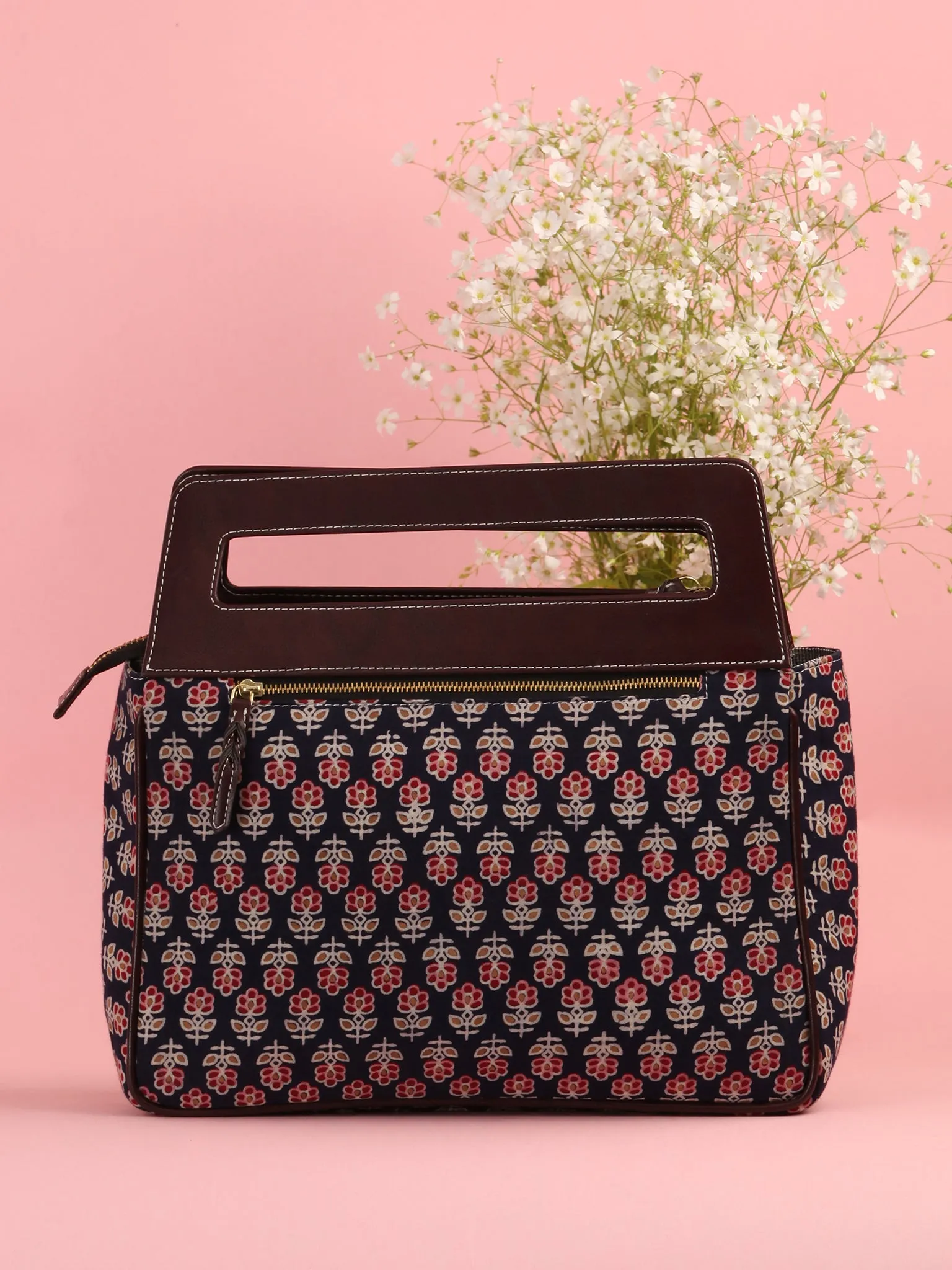 Navy Red Ajrakh Hand block Printed Baguette Bag with Vegan Leather Top Handles - B0909