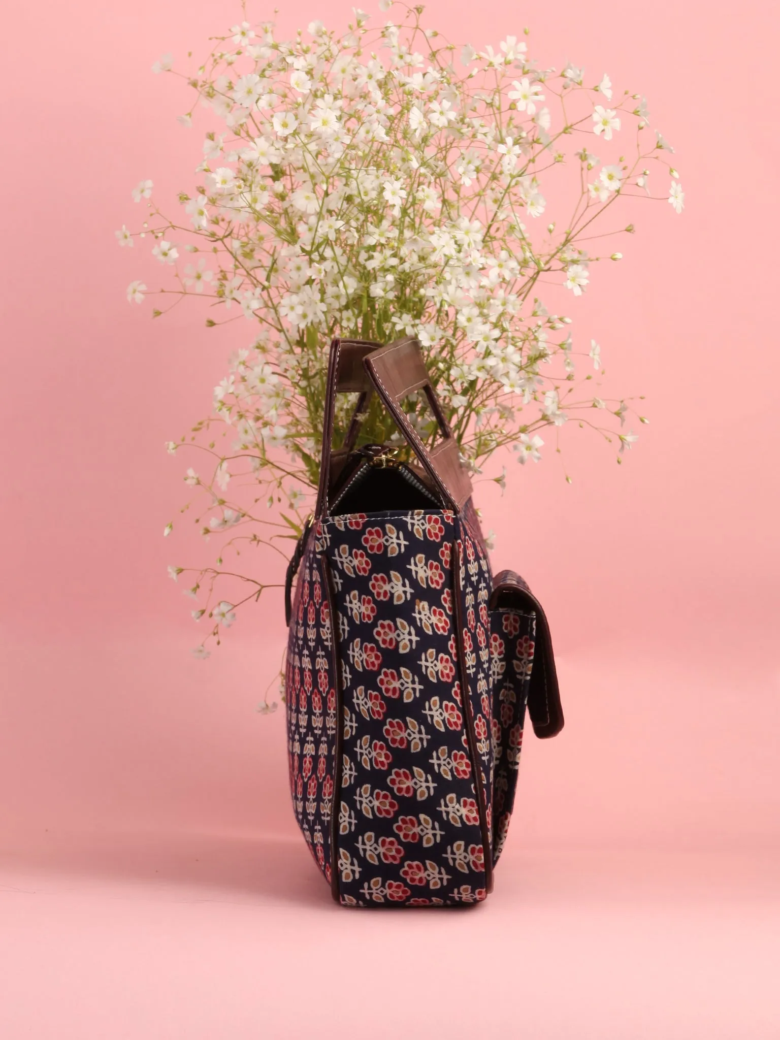 Navy Red Ajrakh Hand block Printed Baguette Bag with Vegan Leather Top Handles - B0909