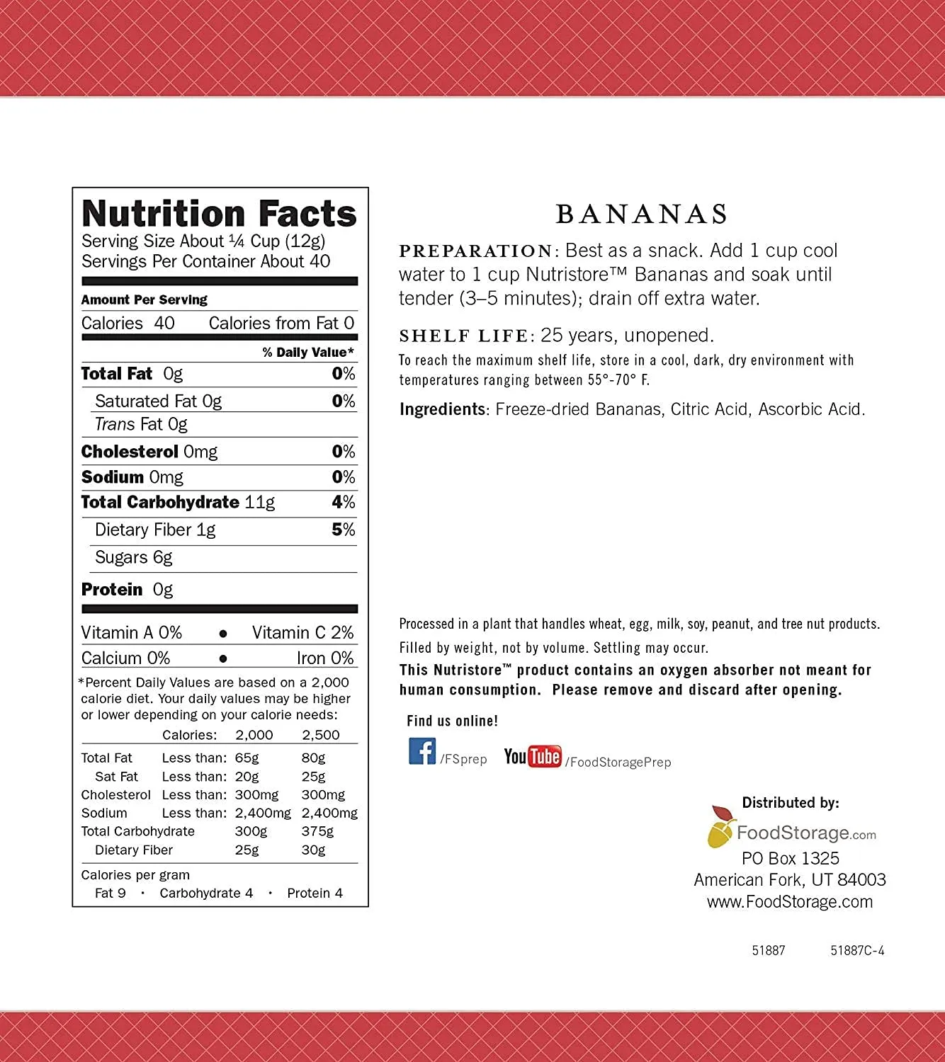 Nutristore Freeze-Dried Bananas #10 Can - 20 Servings