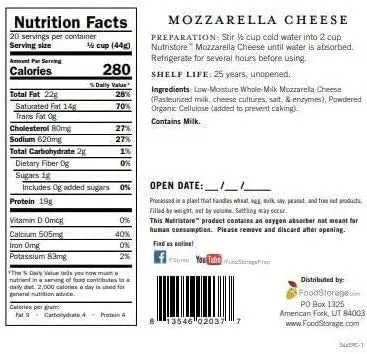 Nutristore Freeze-Dried Shredded Mozzarella Cheese #10 Can - 20 Servings