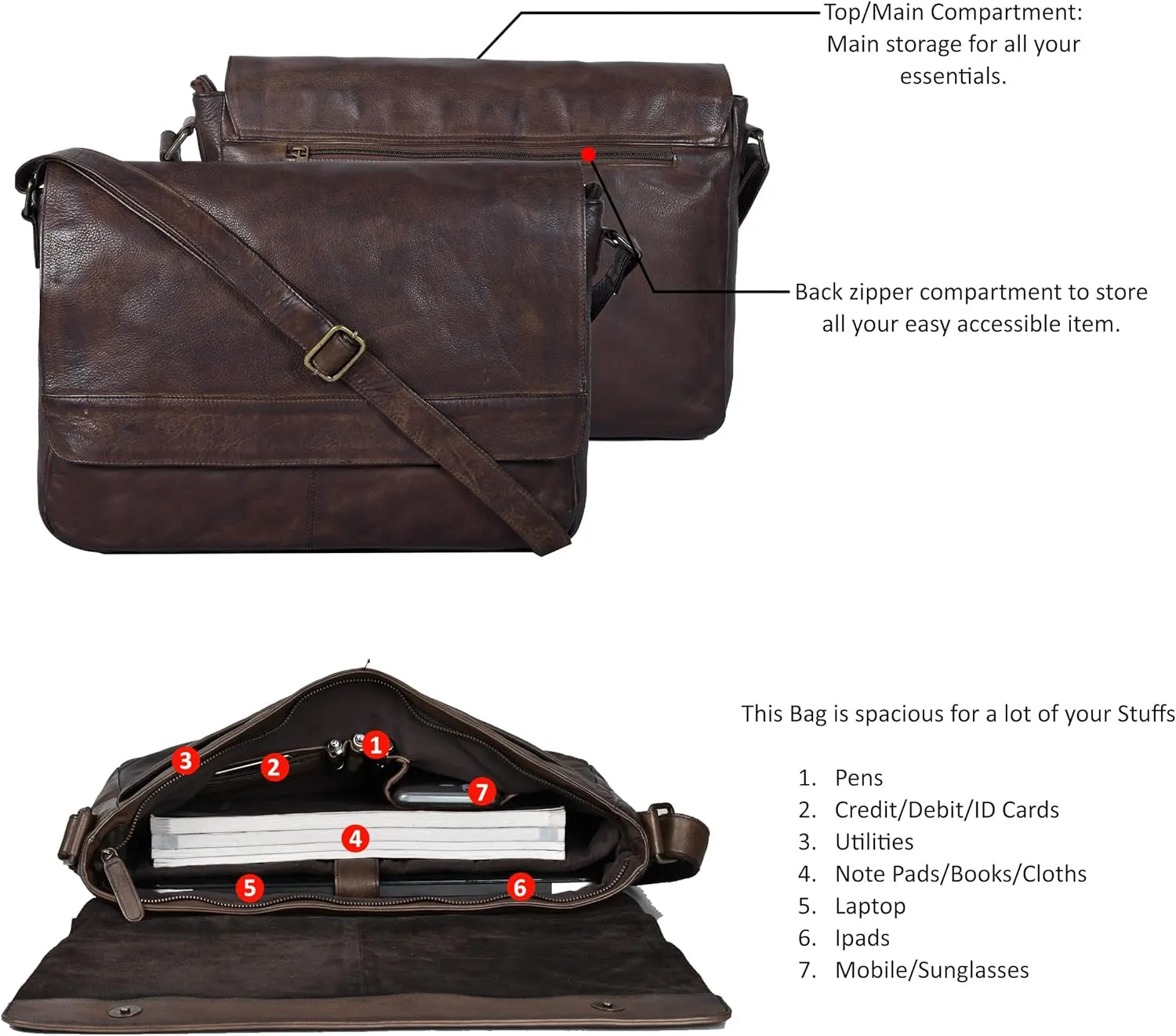 "Premium Genuine Leather Crossbody Messenger Bag - Ideal for 17 Inch Laptops, Travel, and Office Use"