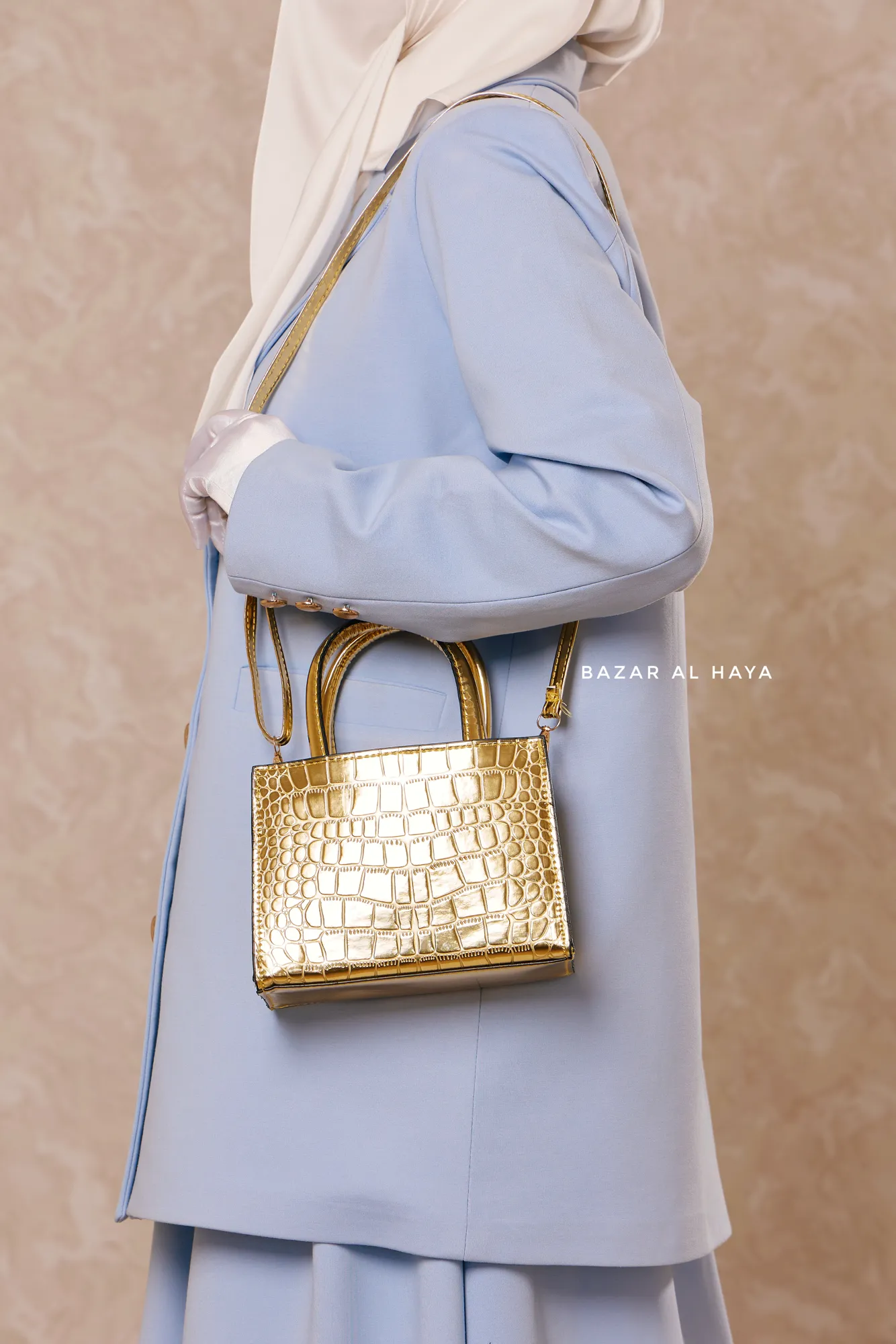Rectangle Glossy Croc Shoulder Bag In Gold