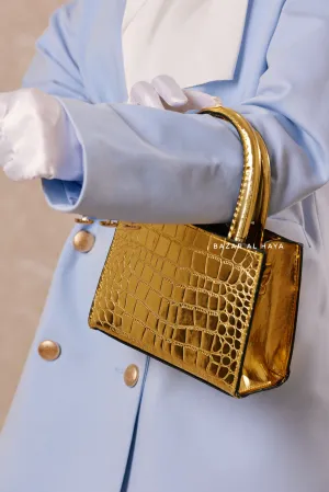 Rectangle Glossy Croc Shoulder Bag In Gold