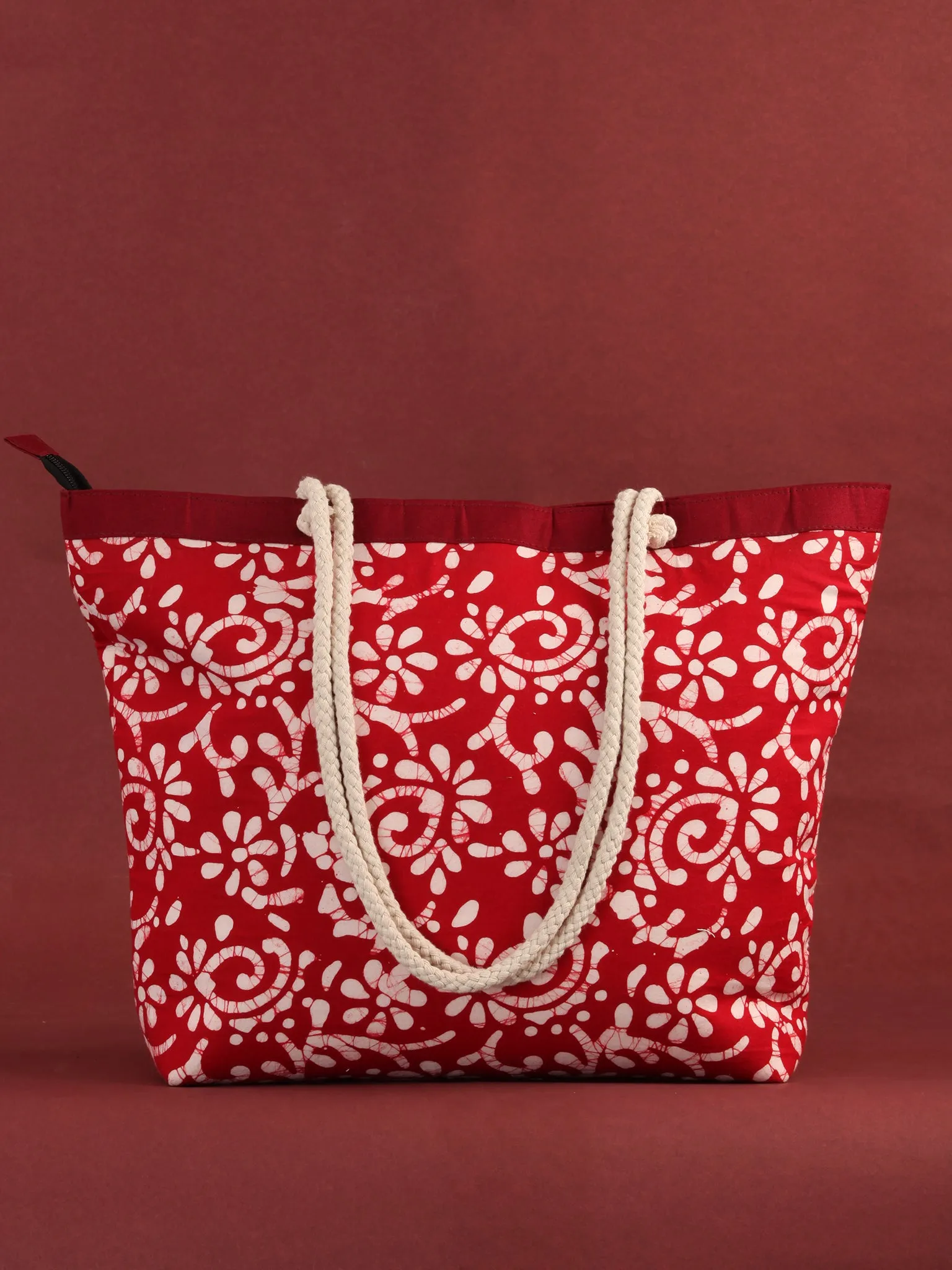 Red White Hand Block Printed Tote Bag - B0808