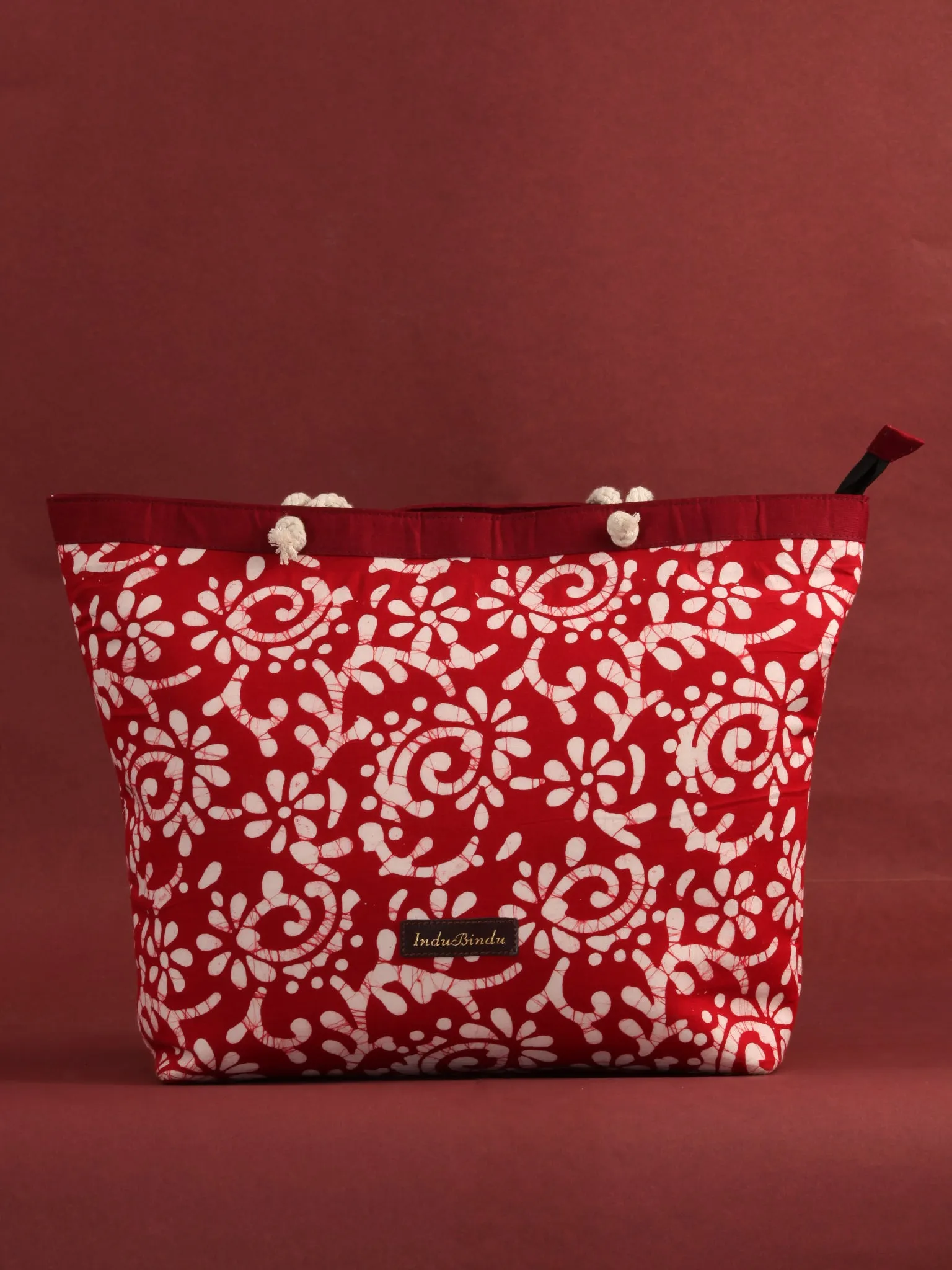 Red White Hand Block Printed Tote Bag - B0808
