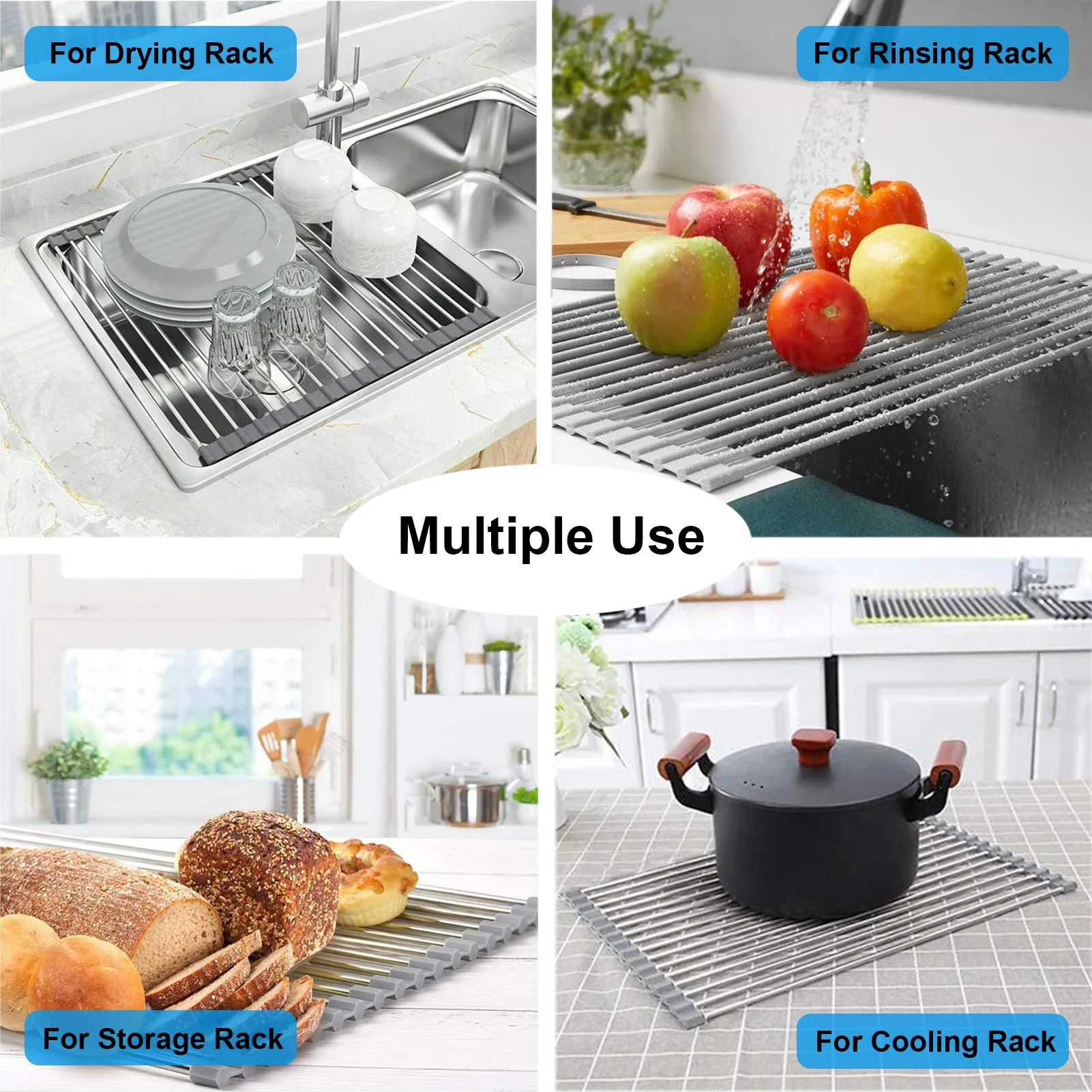Roll Up Over The Sink Dish Drying Rack Dish Drainer for Kitchen Counter Sink Drying Rack Dish Drying Mat Folding Dish Rack Kitchen Sink Organizer Home Essentials (20.5"x15.7")