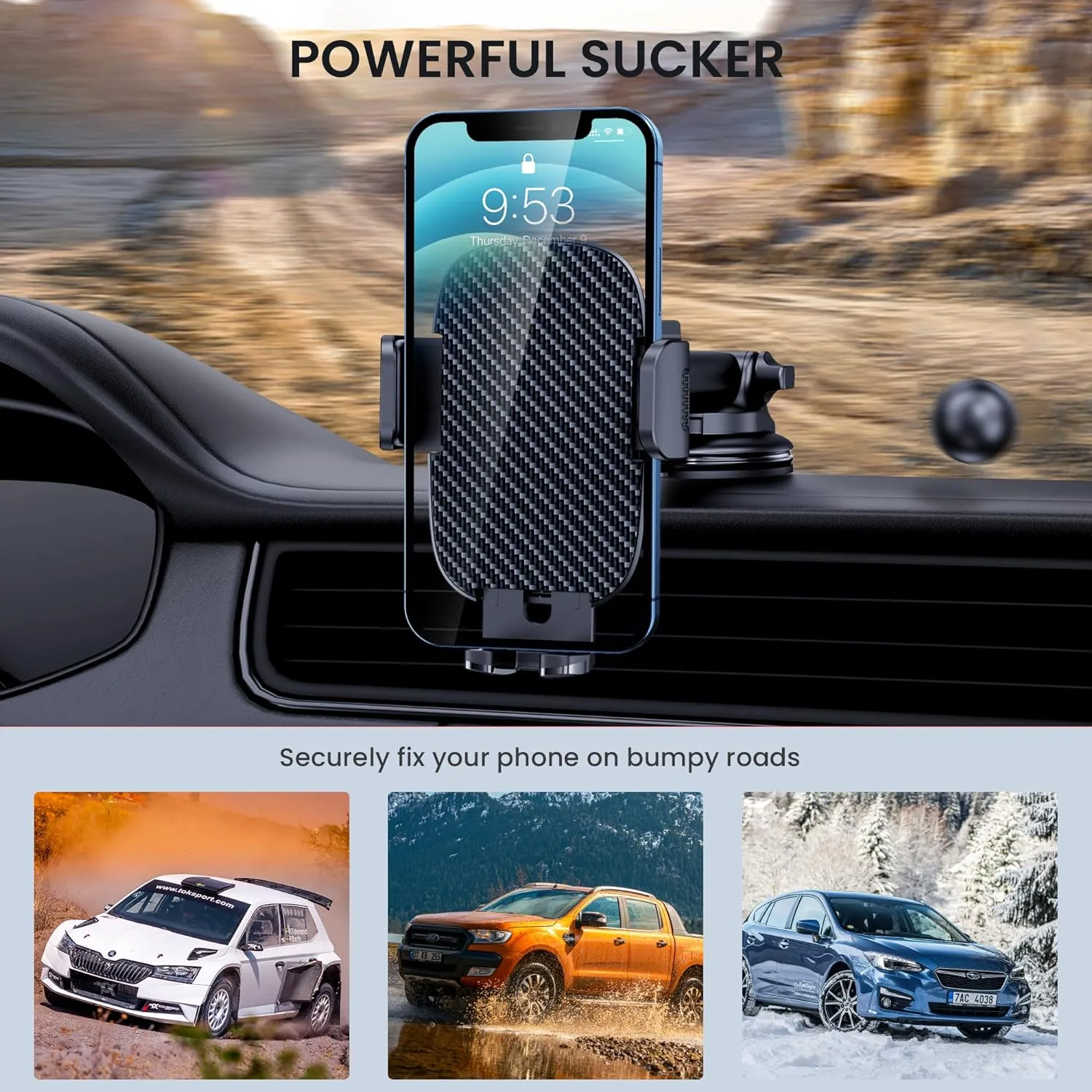 Universal Car Phone Holder Mount - Hands-Free Dashboard, Windshield, Air Vent for iPhone & Smartphones, Carbon Fiber