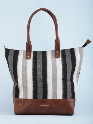 White Black Ikat & Vegan Leather Tote Bag - B1002