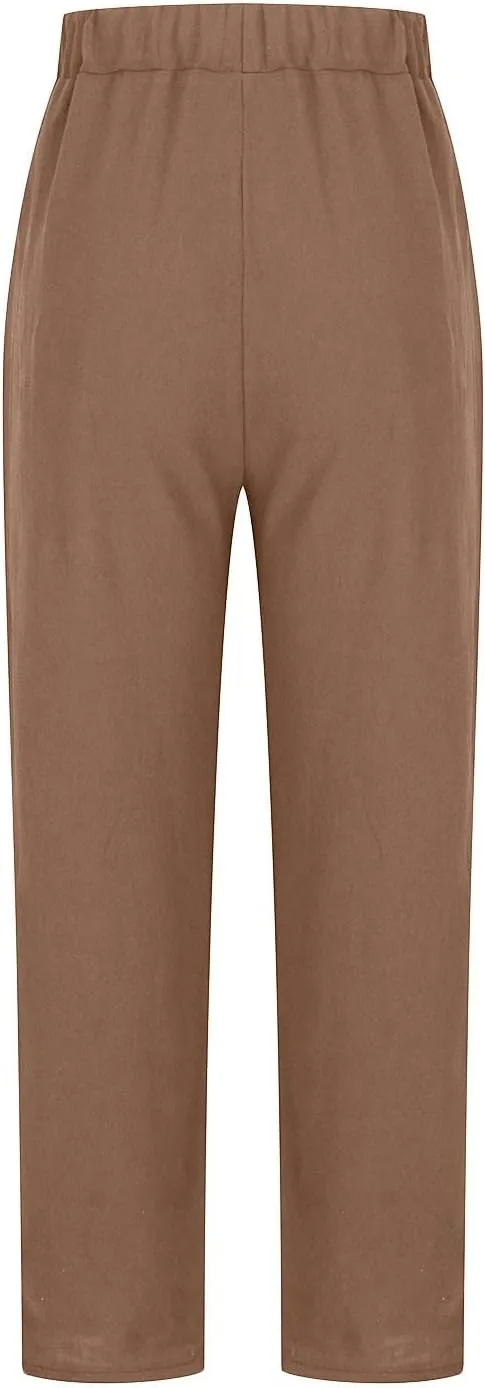 Women's Cotton Linen Pants Casual Summer Capris Elastic Waist Straight Wide Leg Loose Cropped Trousers with Pockets