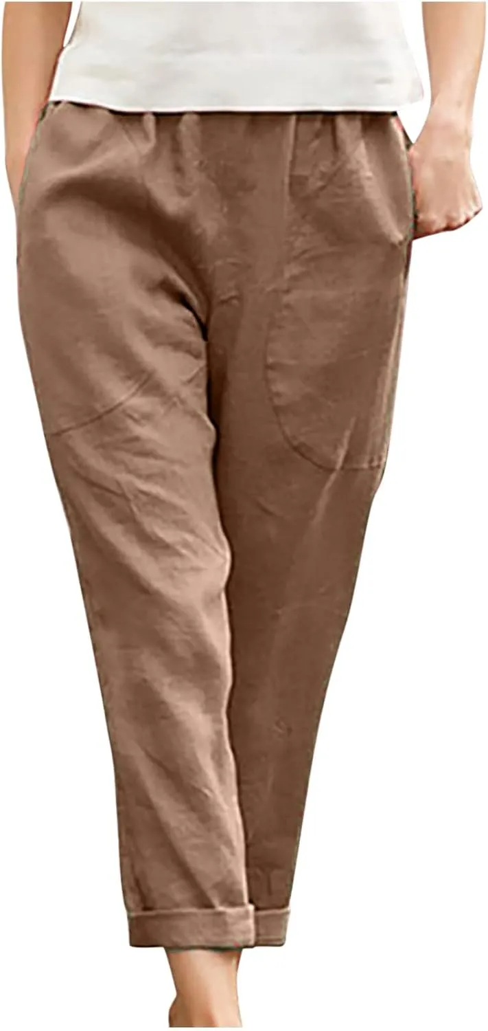 Women's Cotton Linen Pants Casual Summer Capris Elastic Waist Straight Wide Leg Loose Cropped Trousers with Pockets