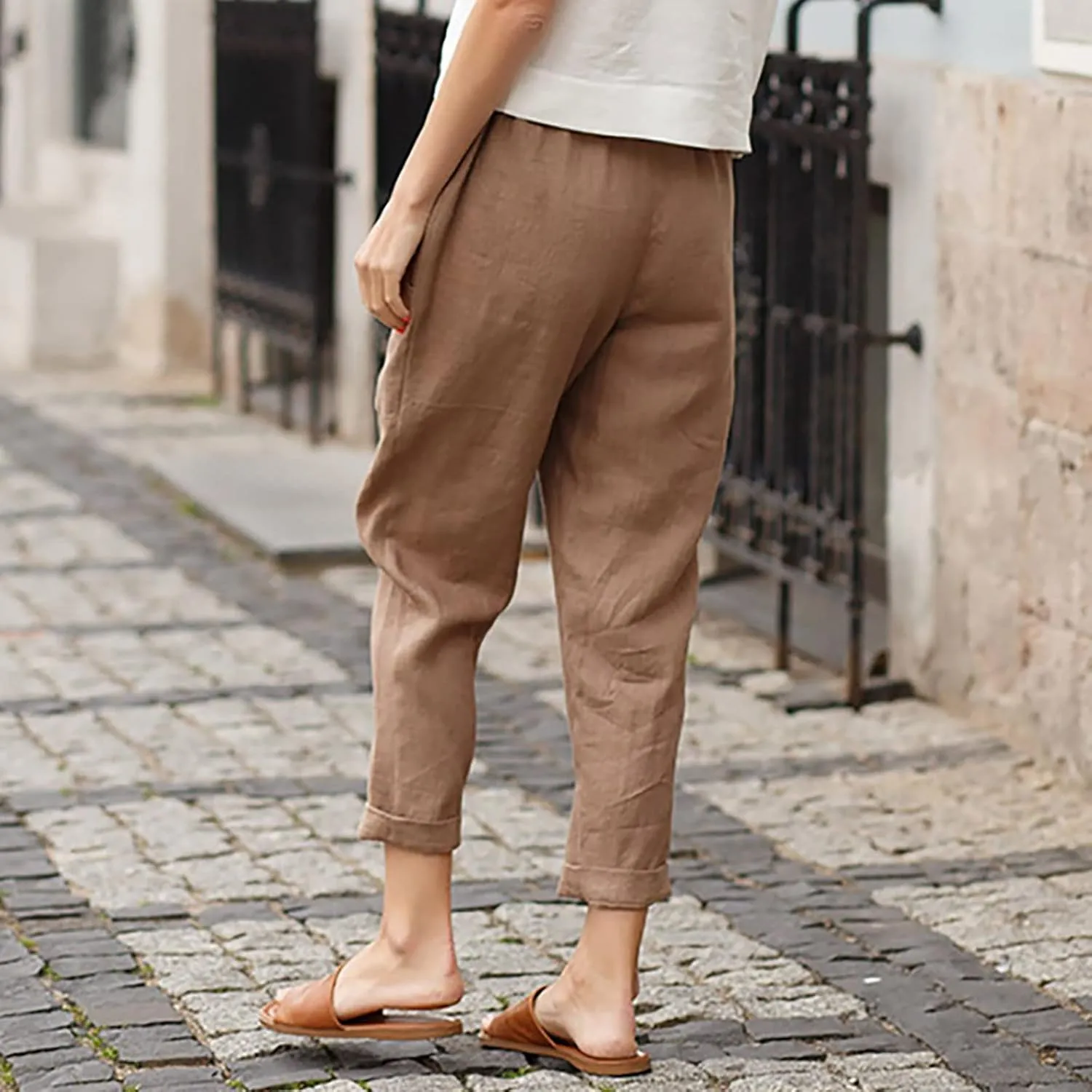 Women's Cotton Linen Pants Casual Summer Capris Elastic Waist Straight Wide Leg Loose Cropped Trousers with Pockets