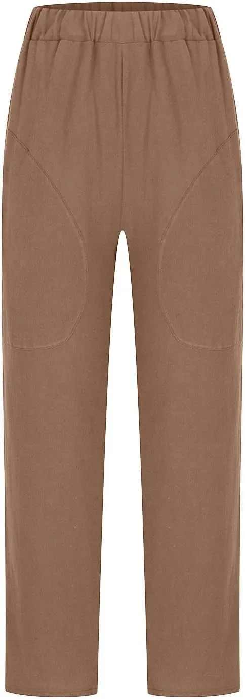 Women's Cotton Linen Pants Casual Summer Capris Elastic Waist Straight Wide Leg Loose Cropped Trousers with Pockets