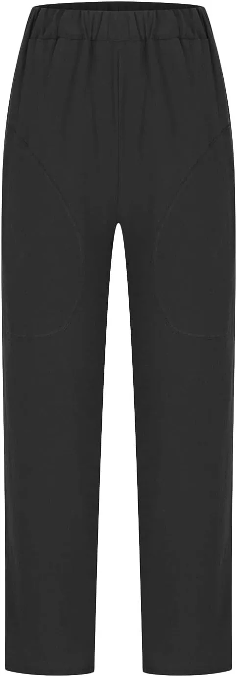 Women's Cotton Linen Pants Casual Summer Capris Elastic Waist Straight Wide Leg Loose Cropped Trousers with Pockets