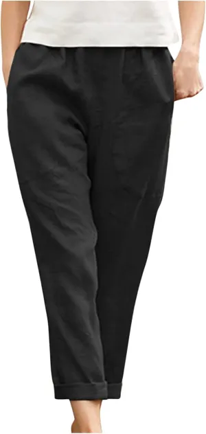 Women's Cotton Linen Pants Casual Summer Capris Elastic Waist Straight Wide Leg Loose Cropped Trousers with Pockets