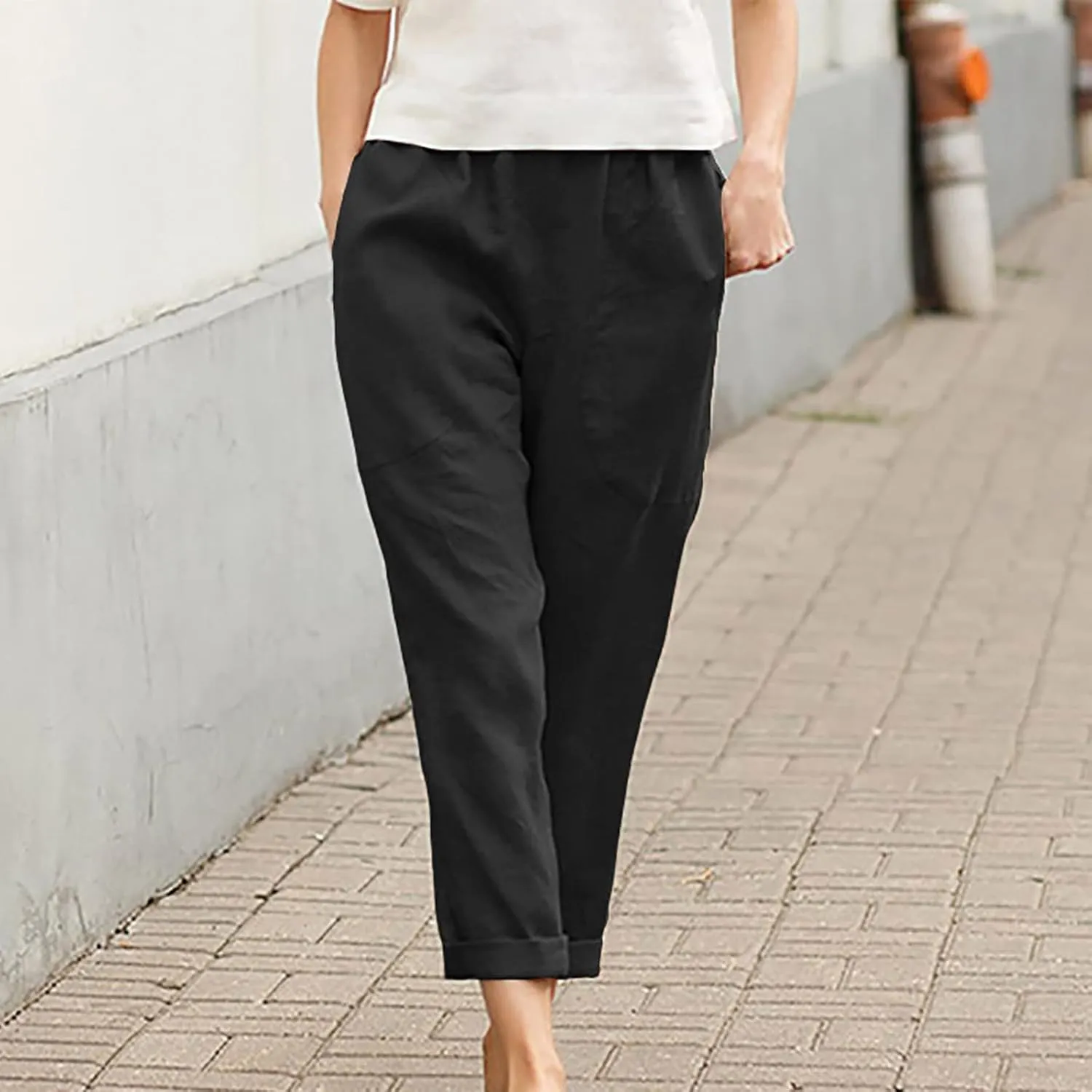 Women's Cotton Linen Pants Casual Summer Capris Elastic Waist Straight Wide Leg Loose Cropped Trousers with Pockets