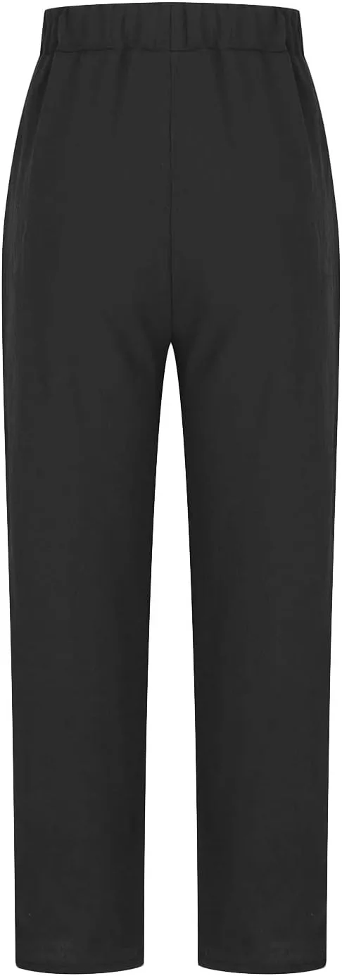 Women's Cotton Linen Pants Casual Summer Capris Elastic Waist Straight Wide Leg Loose Cropped Trousers with Pockets